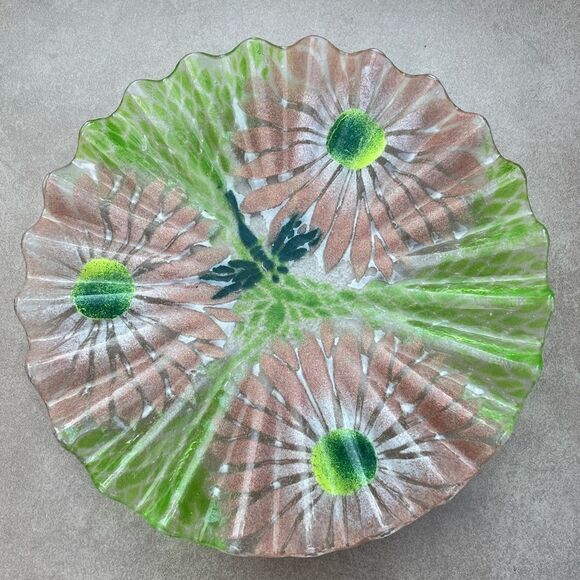 Gorgeous green glass pleated flat vase with pink petals flowers & dragonfly,12in - Picture 2 of 6